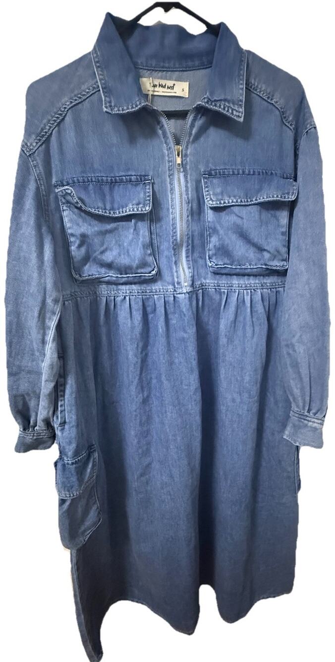 NWT THREE BIRD NEST Blue Denim Maxi Long Sleeve Zip Shirt Boho Dress Size Small